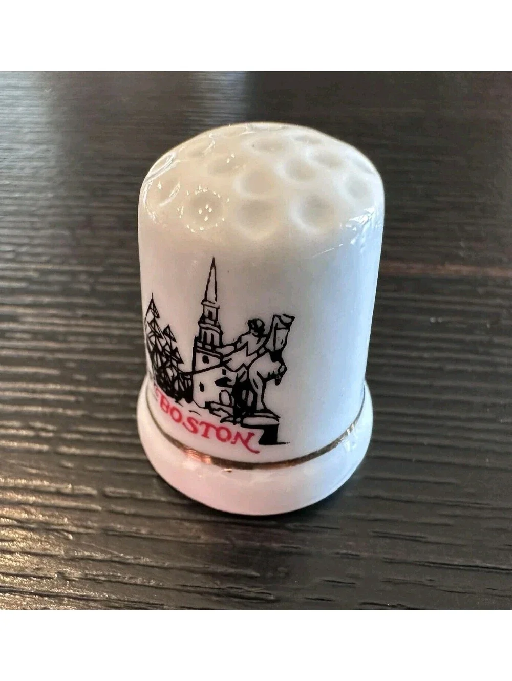 Vintage Boston Massachusetts Thimble City Landmarks Gold Trim Souvenir EUC